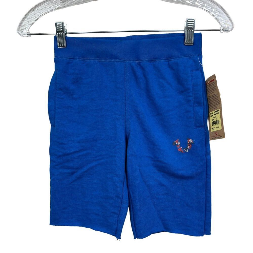 True Religion Boys Kids Shorts Stretch Elastic Waistband Raw Hem True Blue Sz 5*